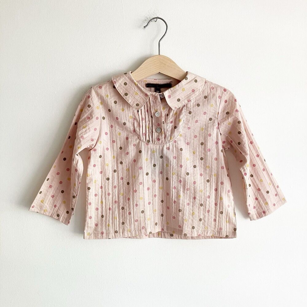 NWT Le Phare De La Baleine Blouse Baby Girl 18M Polka Dot Print Long Sleeve Pink